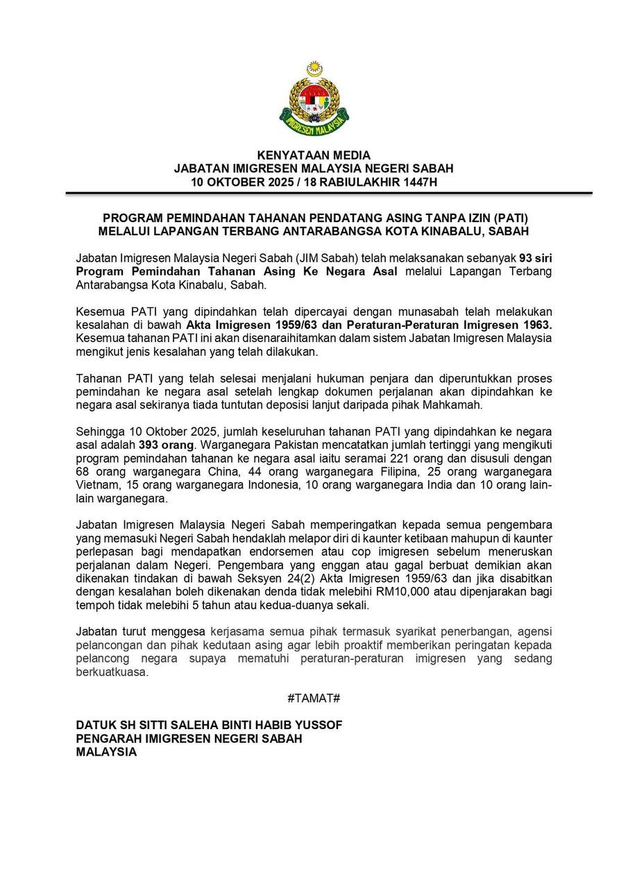 Program Pemindahan PATI Melalui Lapangan Terbang Antarabangsa Kota Kinabalu
