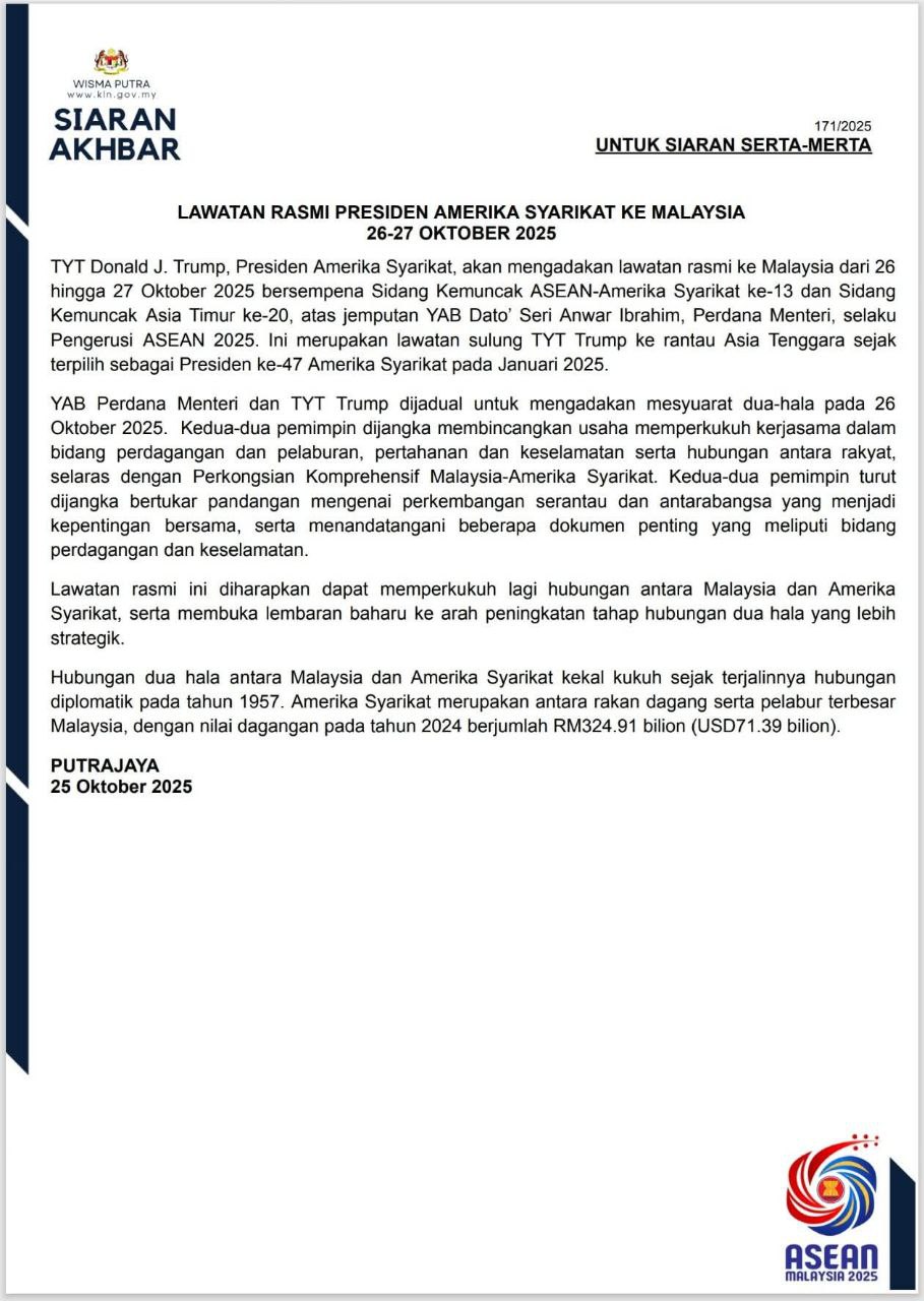 Presiden Amerika Syarikat, Donald J. Trump Adakan Lawatan Rasmi ke Malaysia 26–27 Oktober Ini 1 photo 2025 10 25 21 11 03