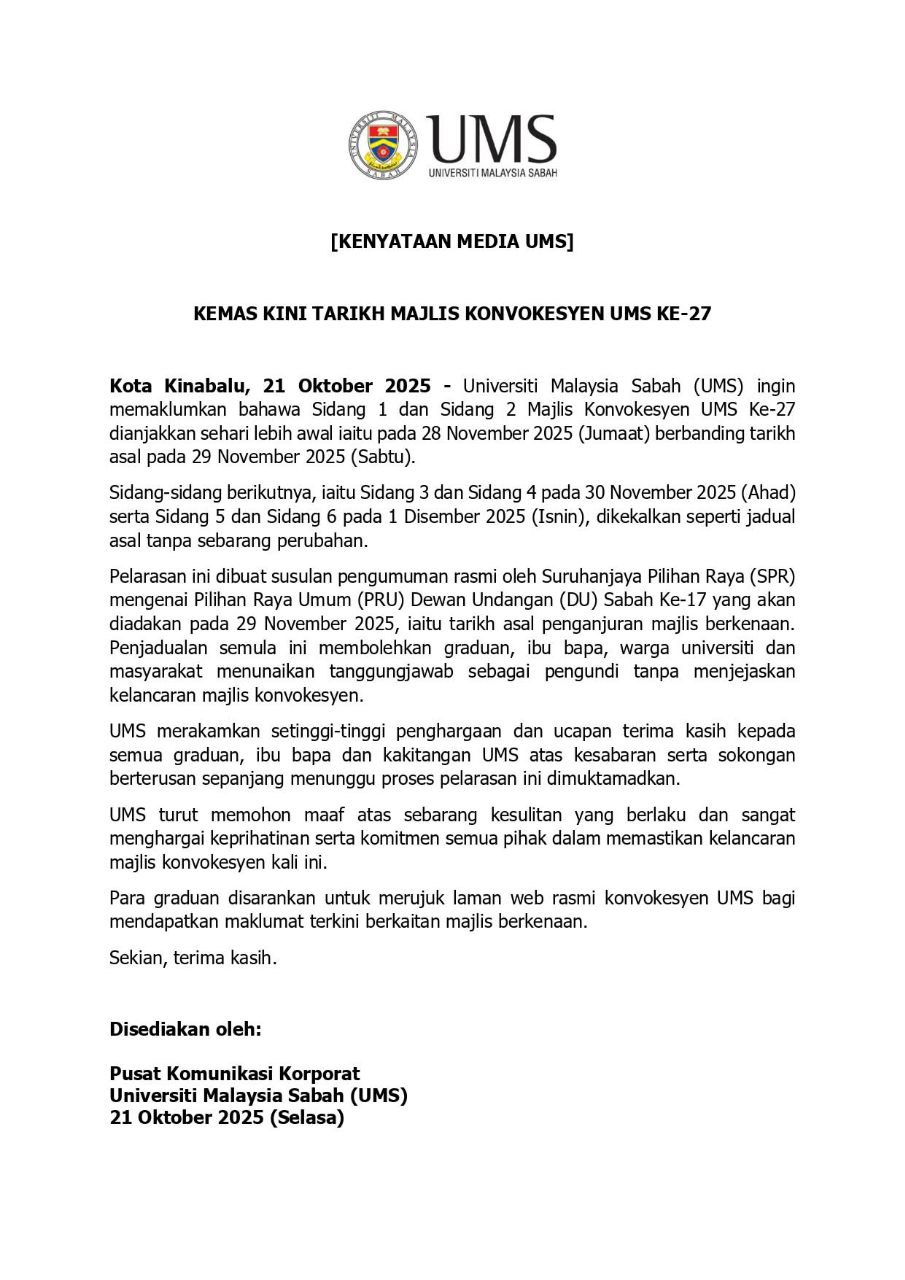 Konvokesyen UMS ke-27 Sidang 1 dan 2 dianjak ke 28 November 5 Konvokesyen UMS ke-27 Sidang 1 dan 2 dianjak ke 28 November