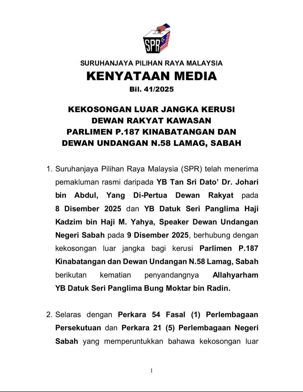 SPR Sahkan PRK untuk Kinabatangan dan Lamag